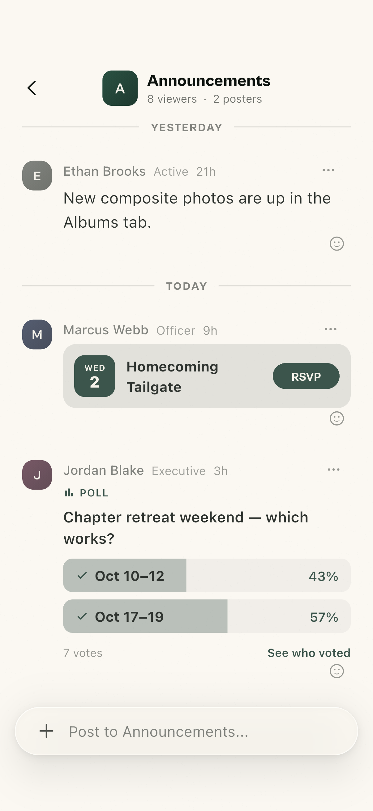 The announcements feed, where only exec can post