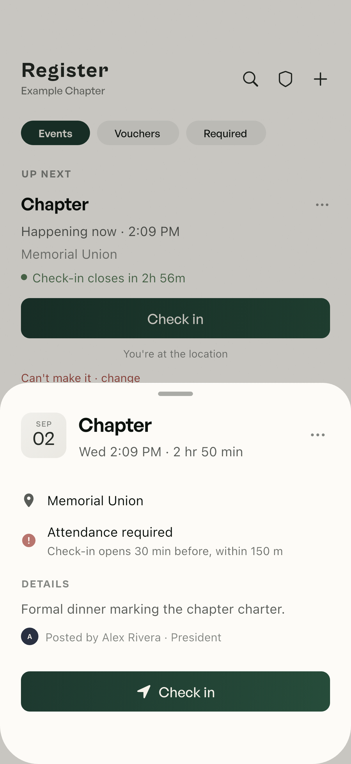 Checking in to chapter, with the location verified