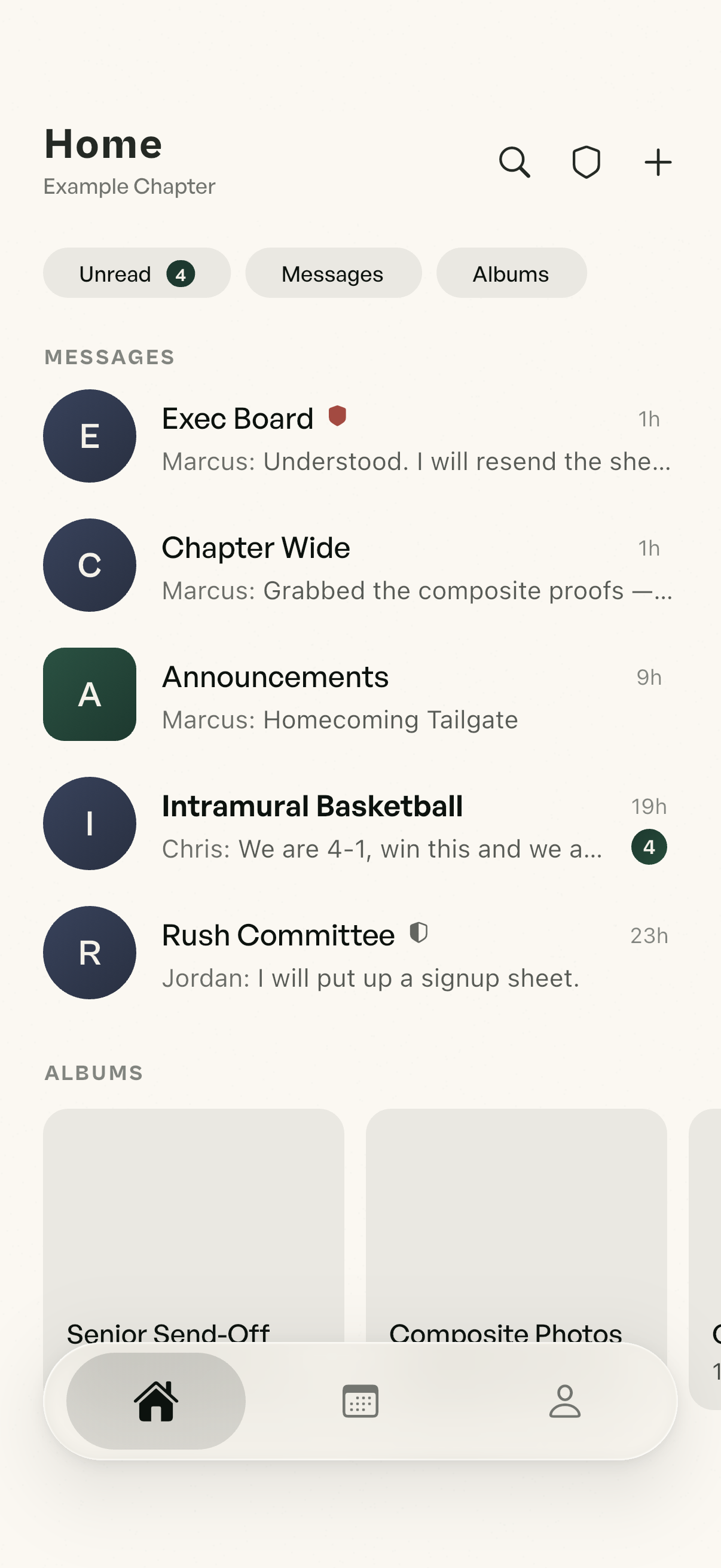 The Chapter Room home screen: unread chats, the announcements feed and recent albums