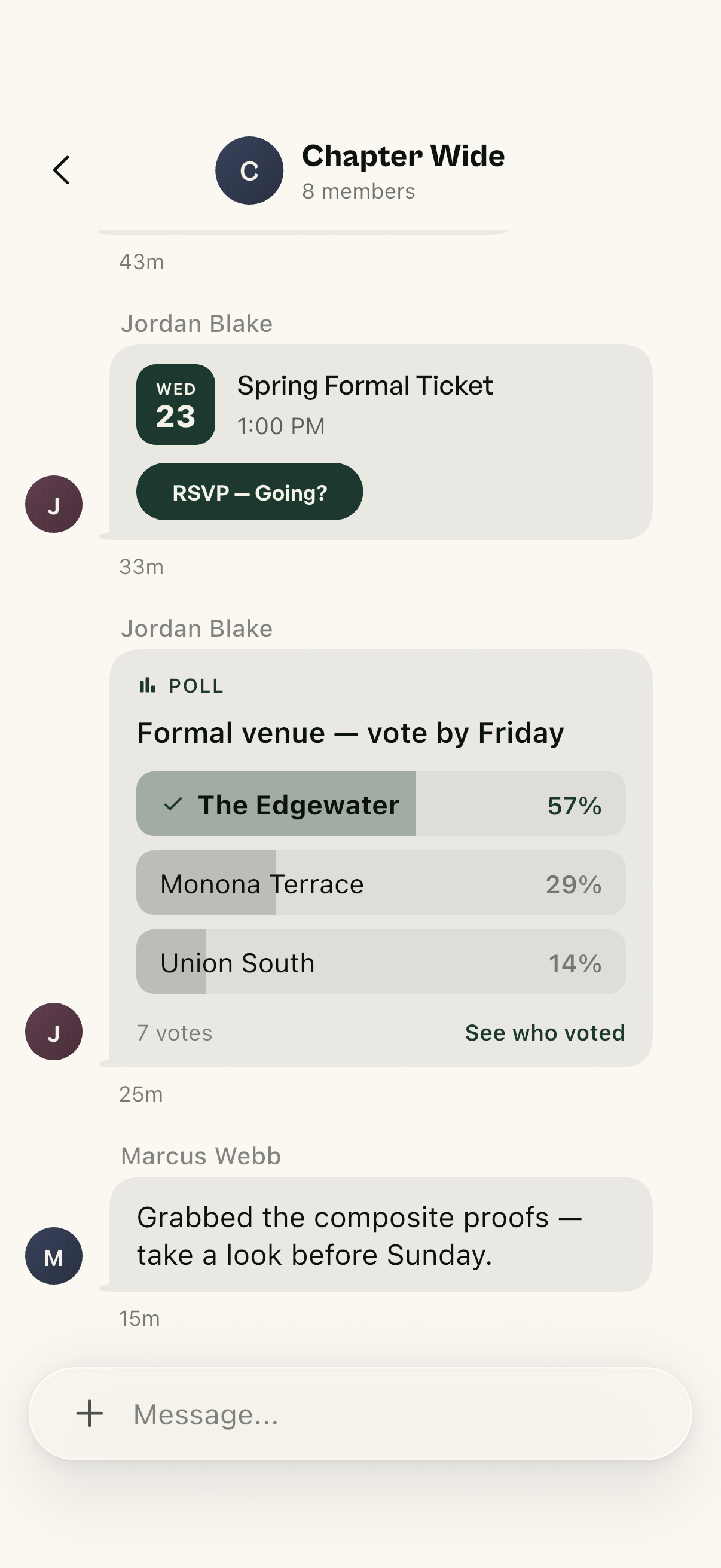 The chapter-wide chat, with an event card and a poll on the formal venue