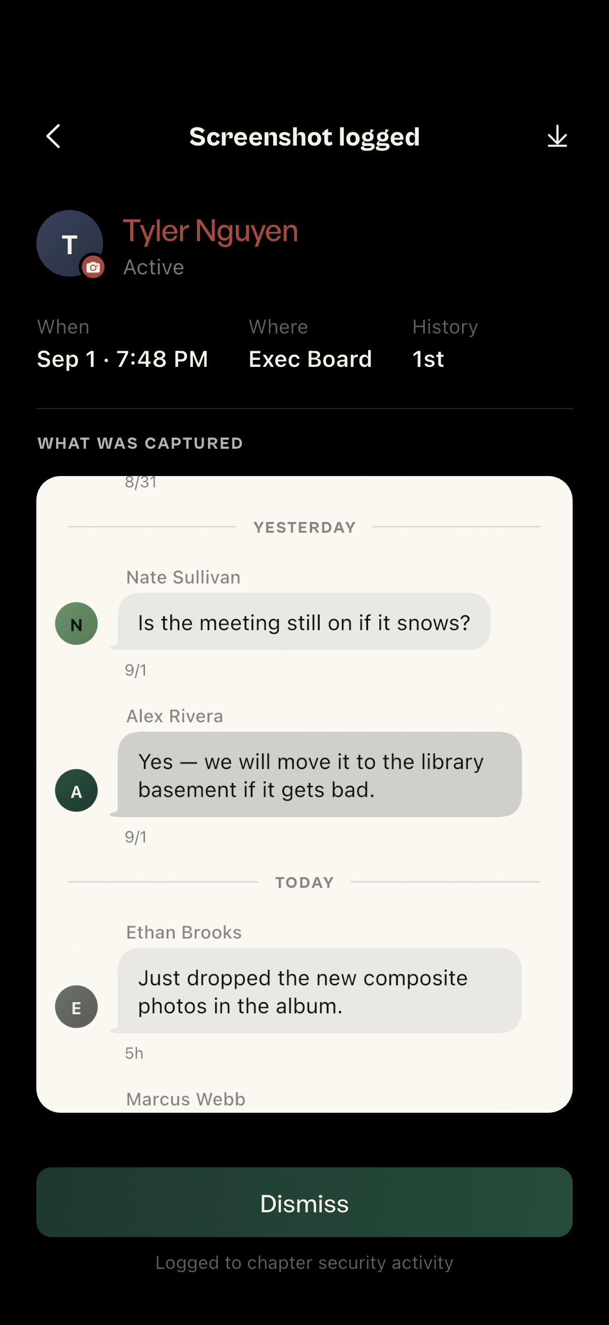 A logged screenshot: who took it, which chat, and exactly what was on screen