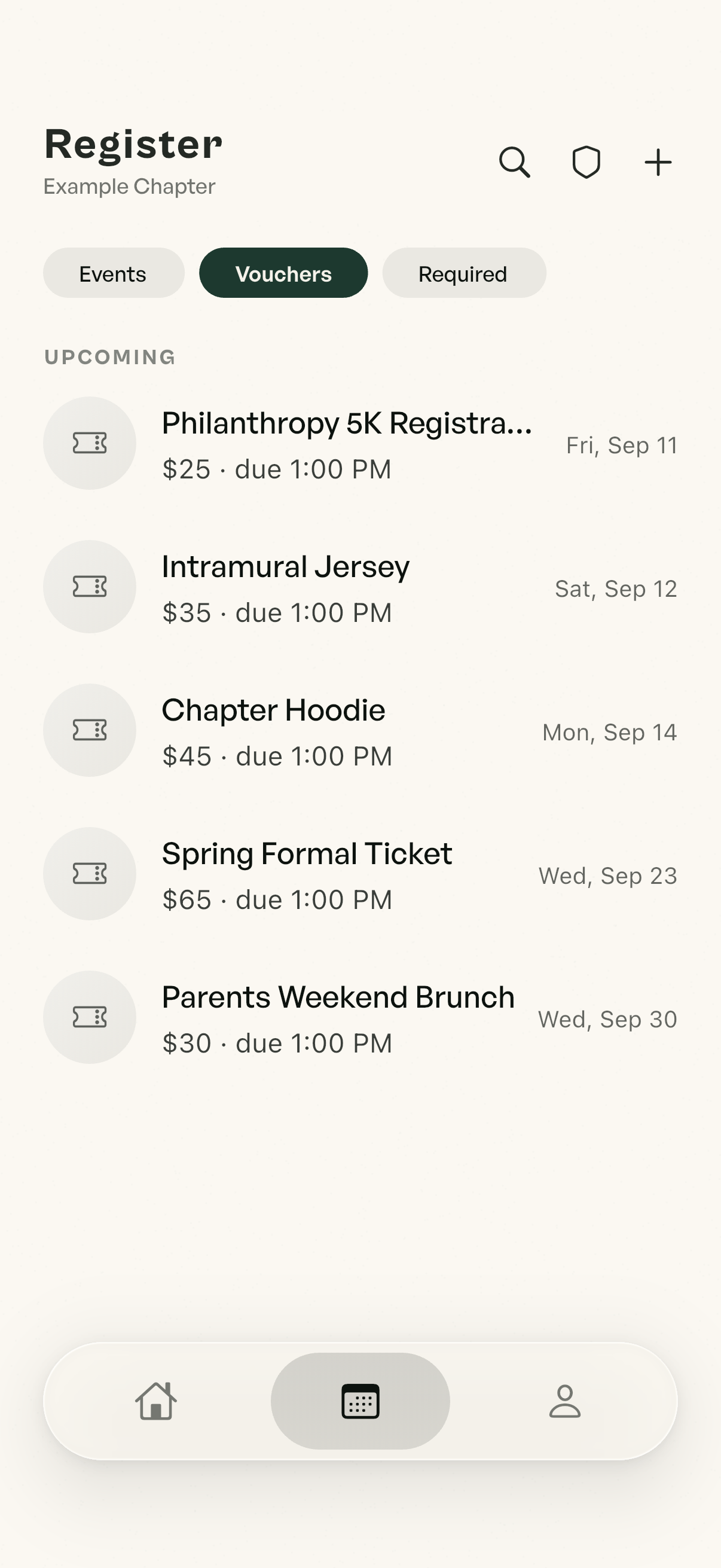 Upcoming vouchers: formal tickets, jerseys and registrations, each with a price and due date